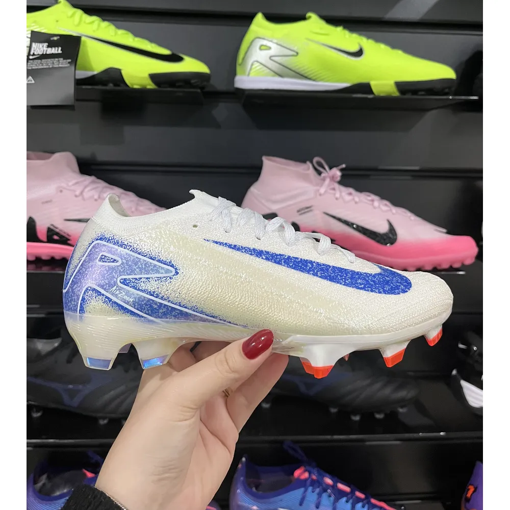 Chuteira Campo Nike Air Zoom Mercurial Vapor 16 Elite FG Branca, Azul e Laranja - Blueprint Pack - Pronta Entrega