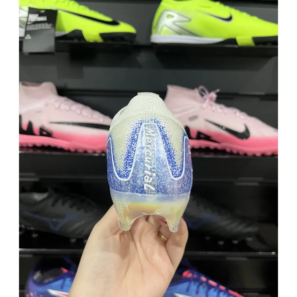 Chuteira Campo Nike Air Zoom Mercurial Vapor 16 Elite FG Branca, Azul e Laranja - Blueprint Pack - Pronta Entrega