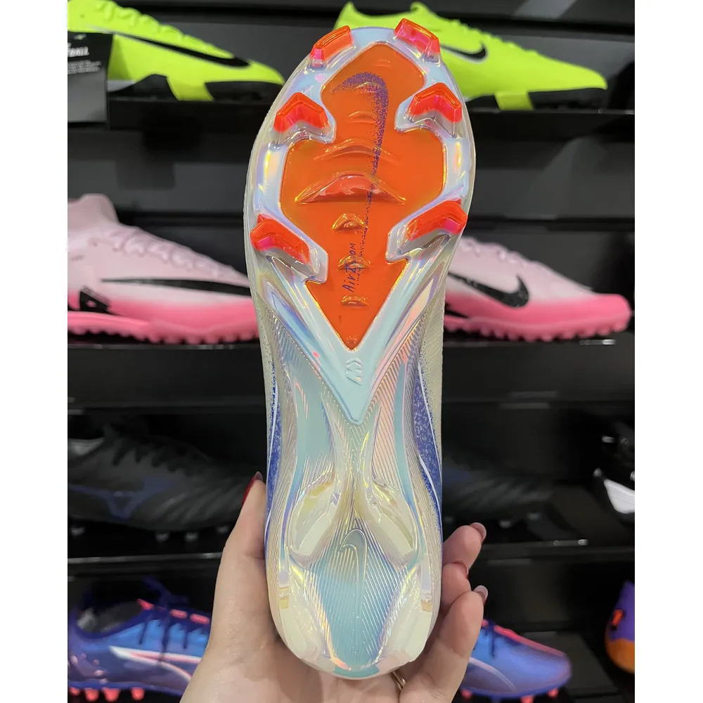 Chuteira Campo Nike Air Zoom Mercurial Vapor 16 Elite FG Branca, Azul e Laranja - Blueprint Pack - Pronta Entrega