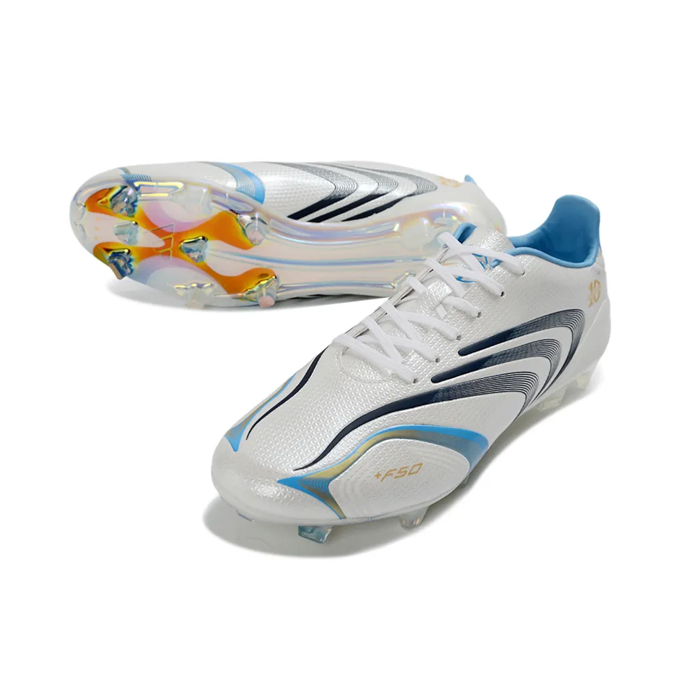 Chuteira Campo Adidas F50 Spider FG Branco, Azul e Preto - Messi