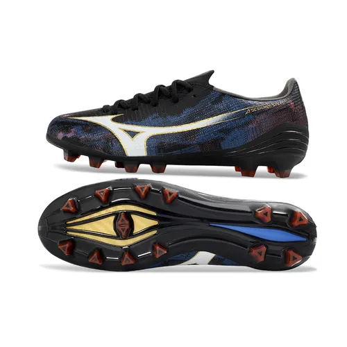 Chuteira Campo Mizuno Alpha III FG Preto, Azul e Laranja 