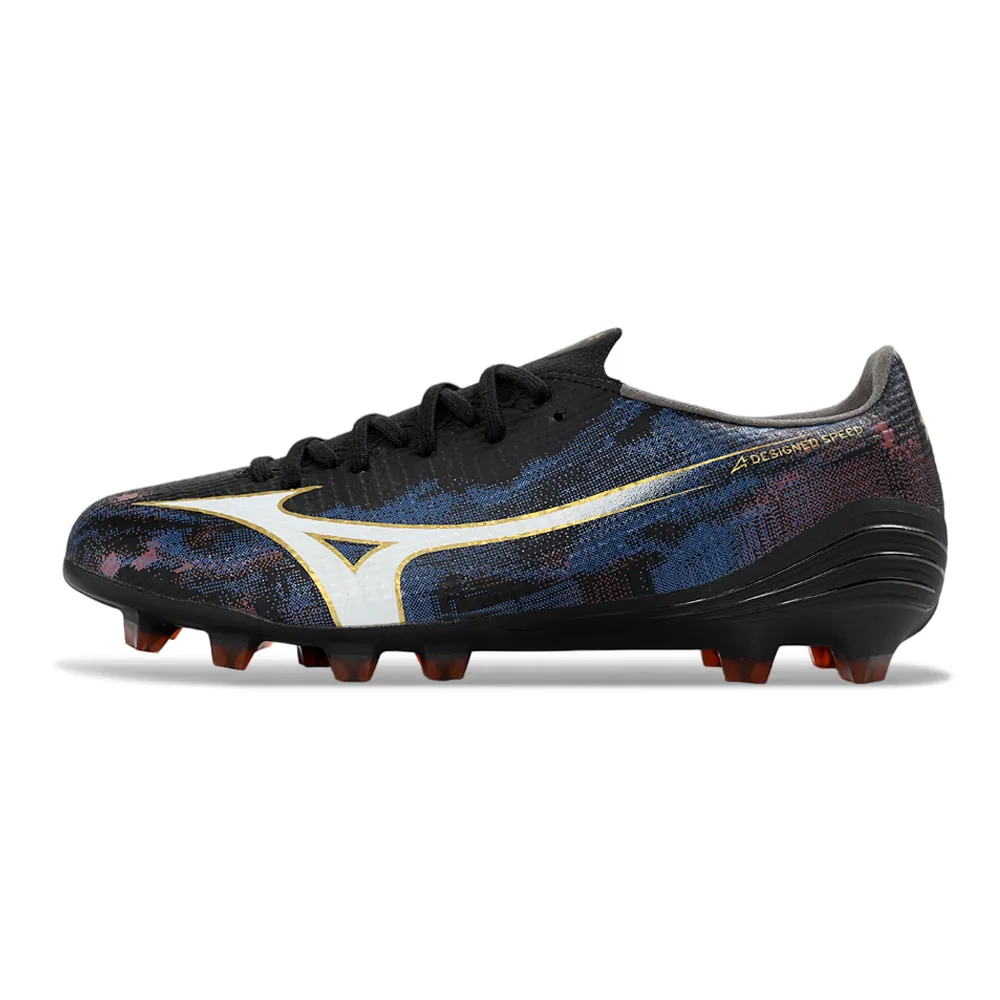 Chuteira Campo Mizuno Alpha III FG Preto, Azul e Laranja