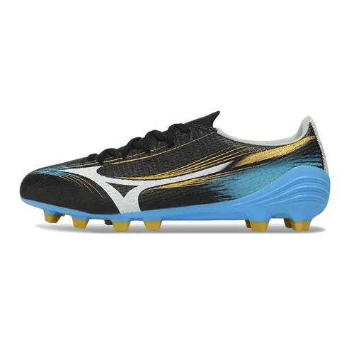 Chuteira Campo Mizuno Alpha III FG Preto, Azul e Dourado