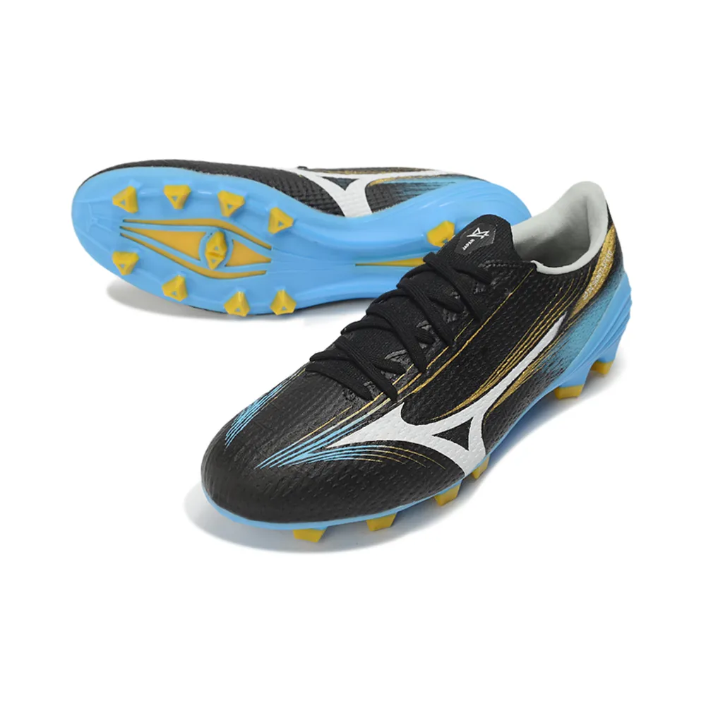 Chuteira Campo Mizuno Alpha III FG Preto, Azul e Dourado