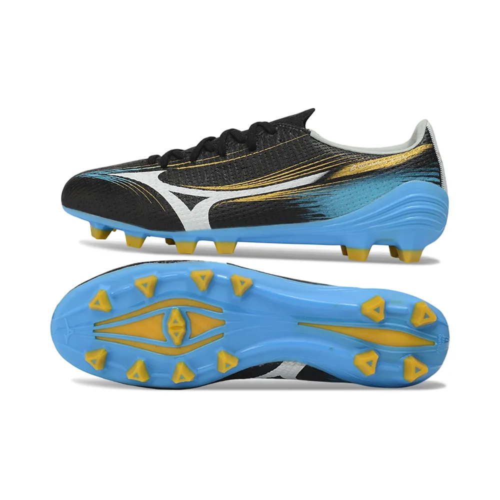 Chuteira Campo Mizuno Alpha III FG Preto, Azul e Dourado