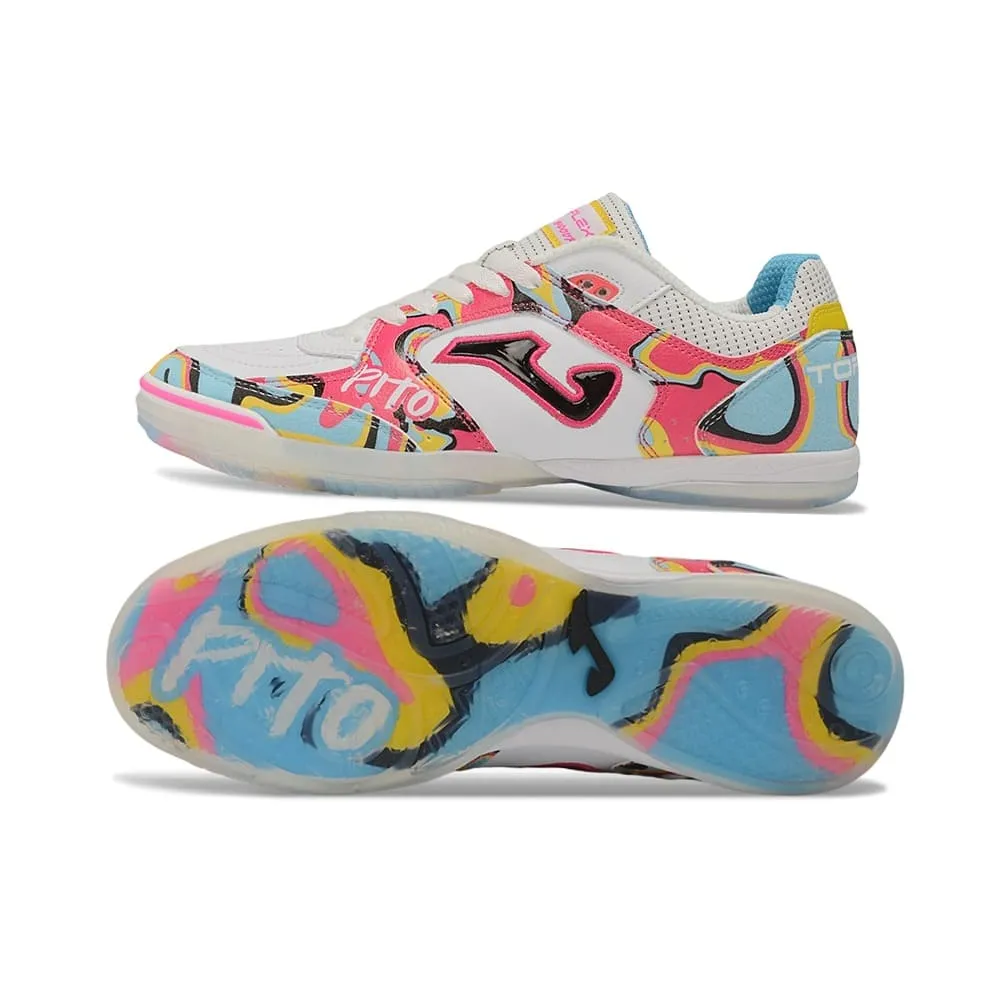 Chuteira Futsal Joma Top Flex Rebound IC Branco, Rosa e Azul