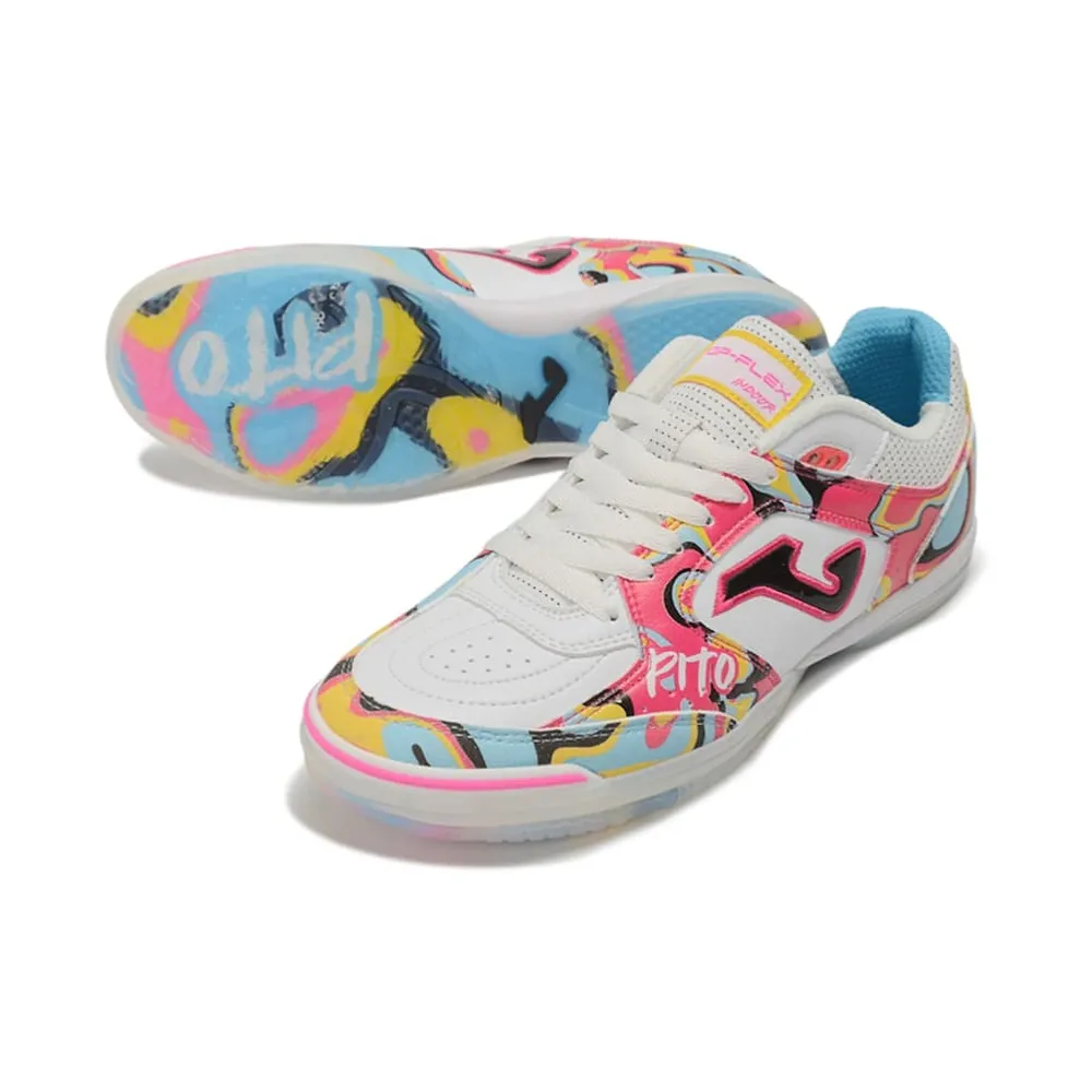 Chuteira Futsal Joma Top Flex Rebound IC Branco, Rosa e Azul