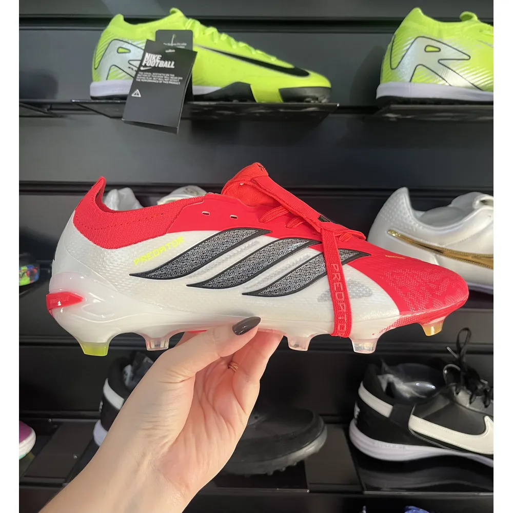 Chuteira Campo Adidas Predator Tongue 26 Elite FG Vermelho, Branco e Preto - Pronta Entrega