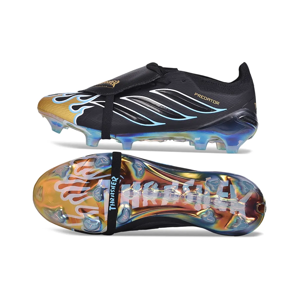 Chuteira Campo Adidas Predator Tongue 26 Elite FG Preto, Azul e Dourado