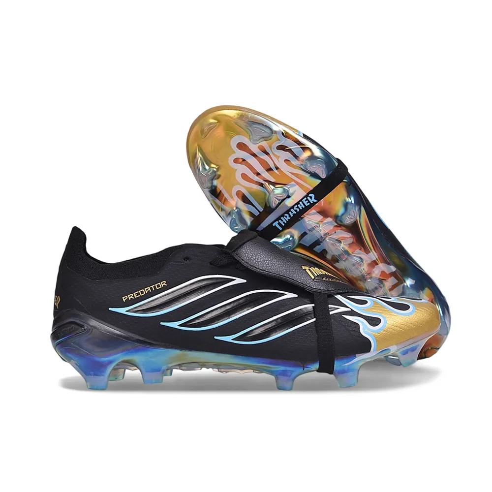 Chuteira Campo Adidas Predator Tongue 26 Elite FG Preto, Azul e Dourado