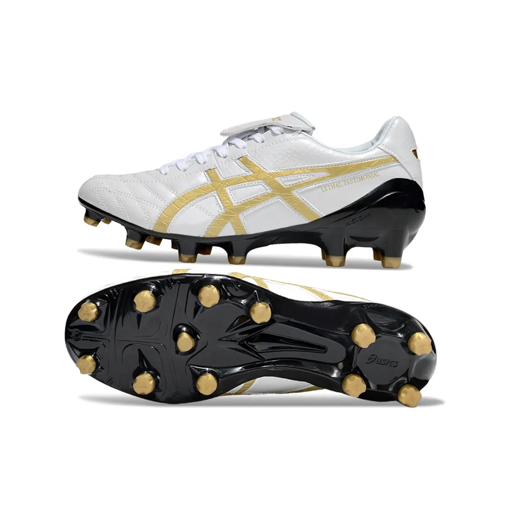 Chuteira Campo Asics Lethal Testimonial 4 FG Branca, Dourado e Preto