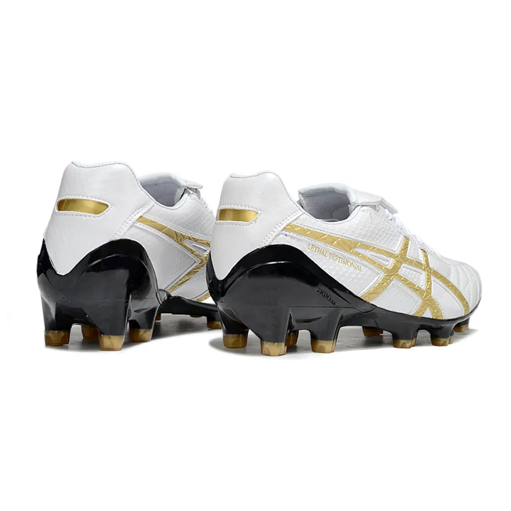 Chuteira Campo Asics Lethal Testimonial 4 FG Branca, Dourado e Preto