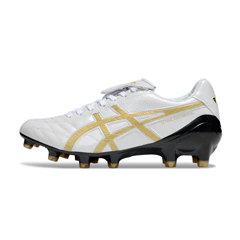 Chuteira Campo Asics Lethal Testimonial 4 FG Branca, Dourado e Preto