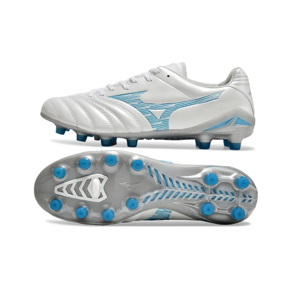 Chuteira Campo Mizuno Morelia Neo 4 Beta FG Branco e Azul