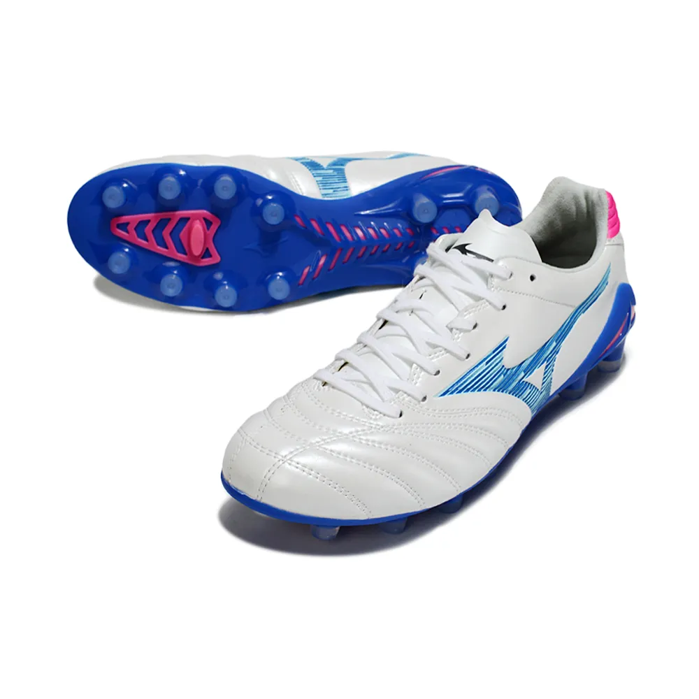 Chuteira Campo Mizuno Morelia Neo 4 Beta FG Branco, Azul e Rosa