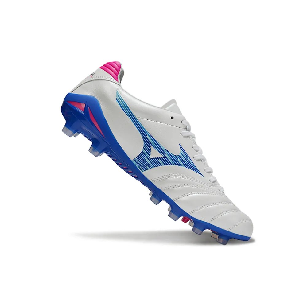 Chuteira Campo Mizuno Morelia Neo 4 Beta FG Branco, Azul e Rosa