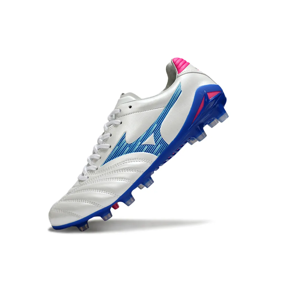 Chuteira Campo Mizuno Morelia Neo 4 Beta FG Branco, Azul e Rosa