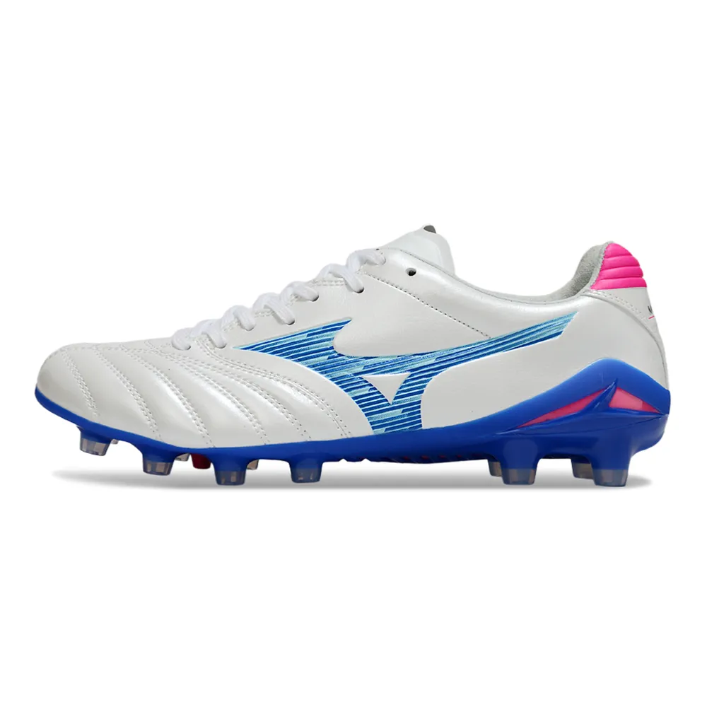 Chuteira Campo Mizuno Morelia Neo 4 Beta FG Branco, Azul e Rosa