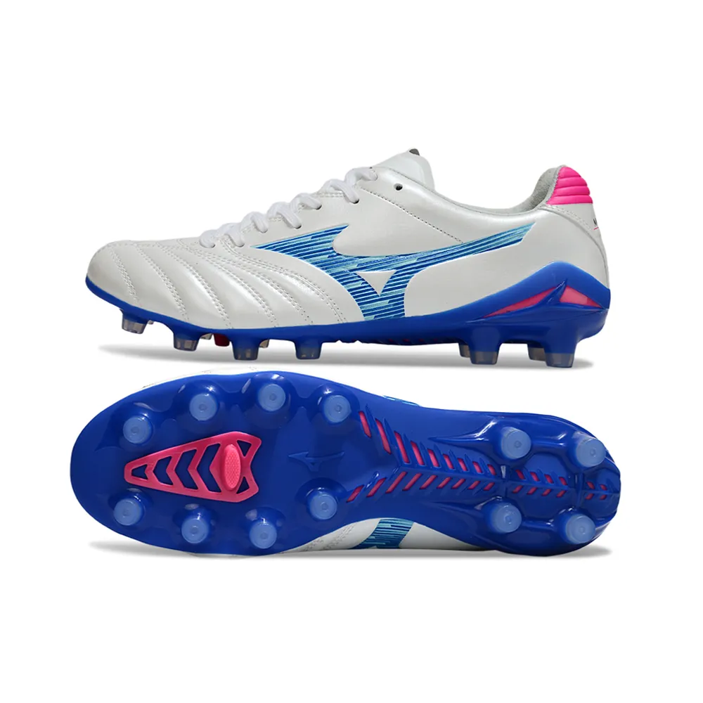 Chuteira Campo Mizuno Morelia Neo 4 Beta FG Branco, Azul e Rosa