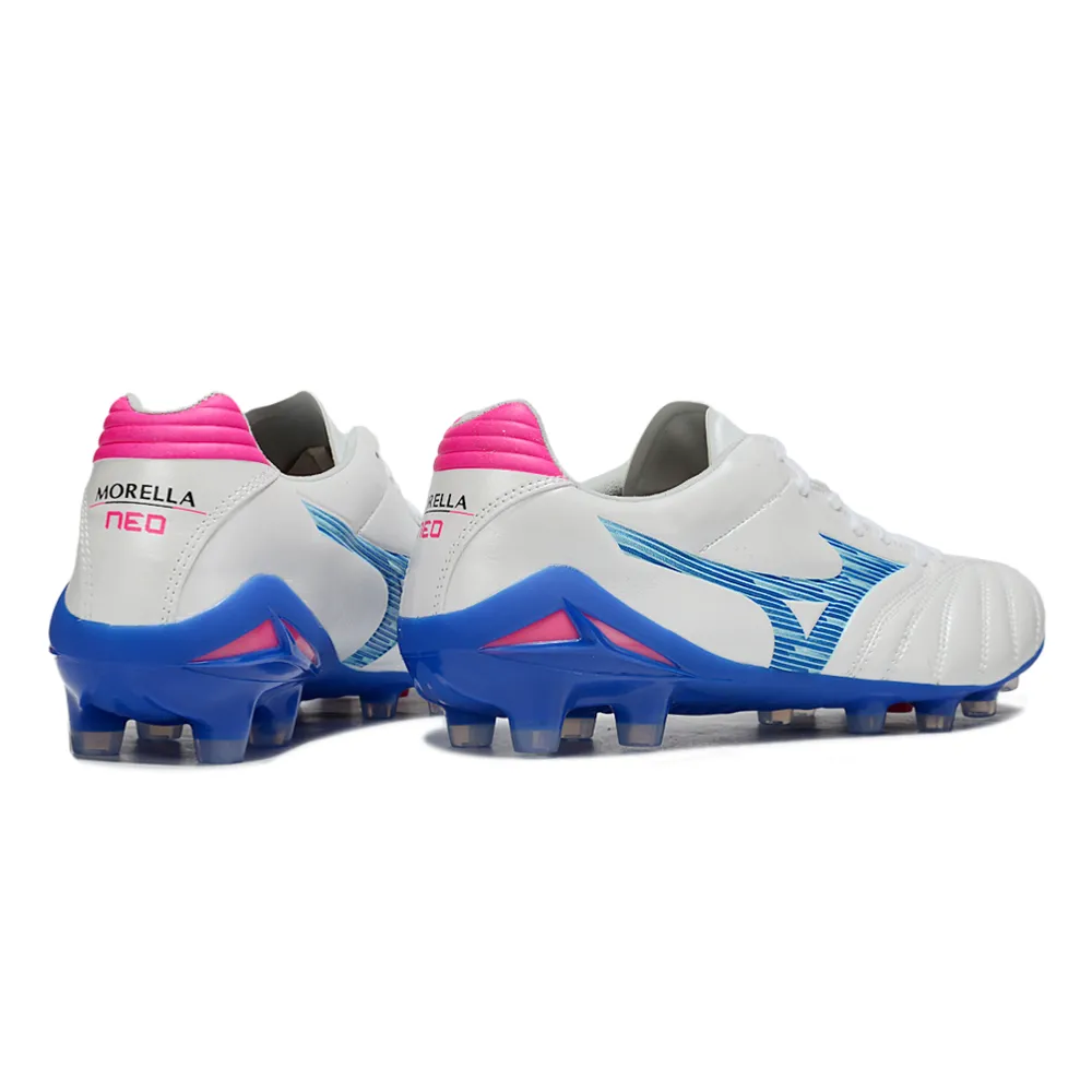 Chuteira Campo Mizuno Morelia Neo 4 Beta FG Branco, Azul e Rosa