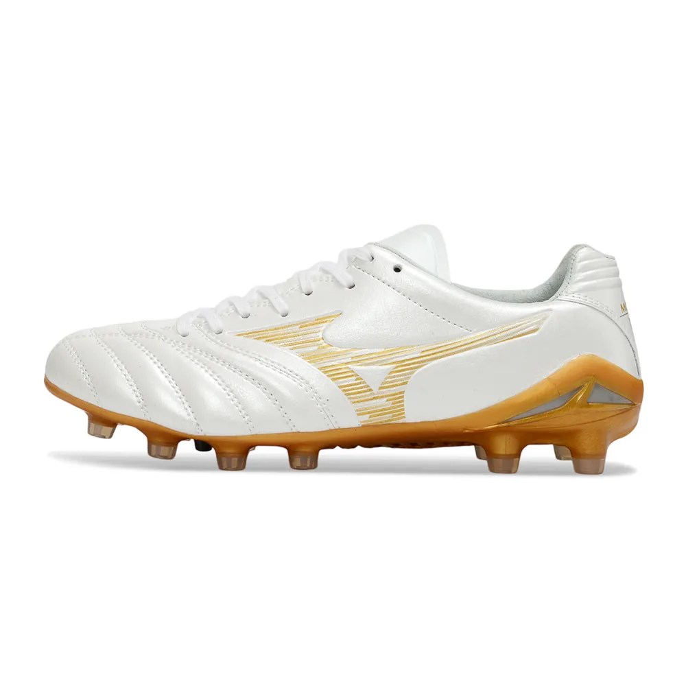 Chuteira Campo Mizuno Morelia Neo 4 Beta FG Branco e Dourado