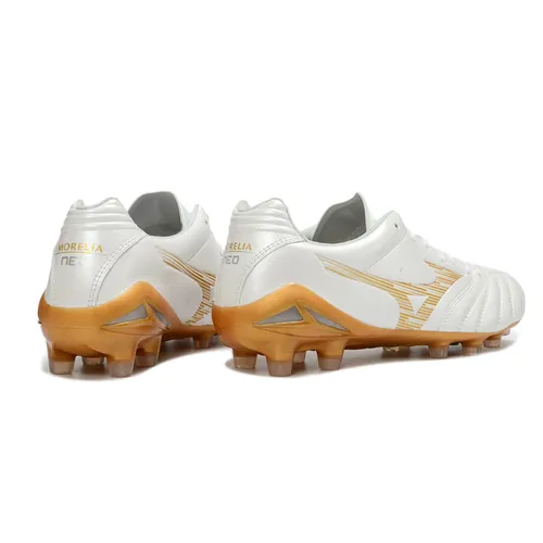 Chuteira Campo Mizuno Morelia Neo 4 Beta FG Branco e Dourado