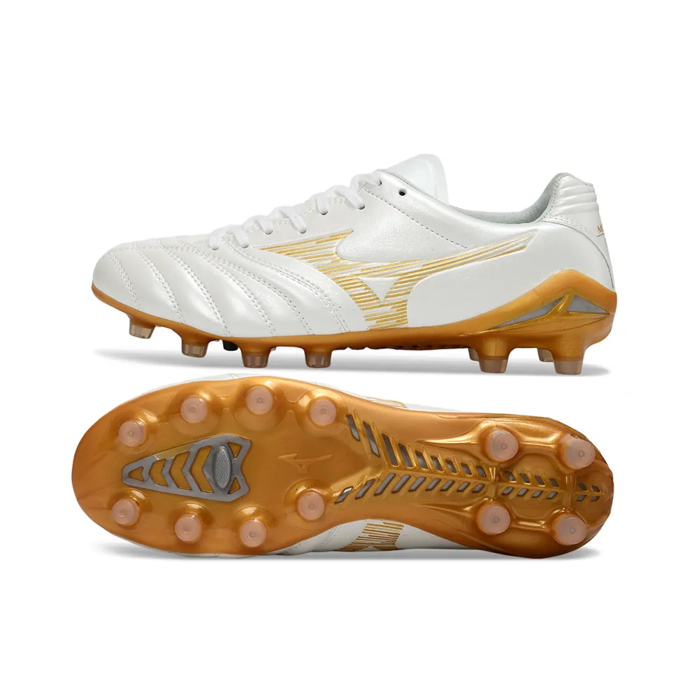 Chuteira Campo Mizuno Morelia Neo 4 Beta FG Branco e Dourado