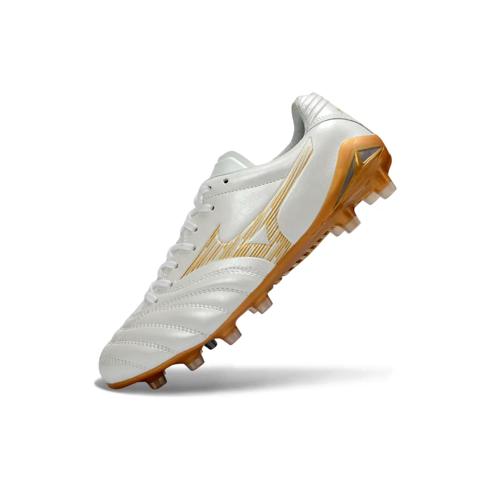 Chuteira Campo Mizuno Morelia Neo 4 Beta FG Branco e Dourado