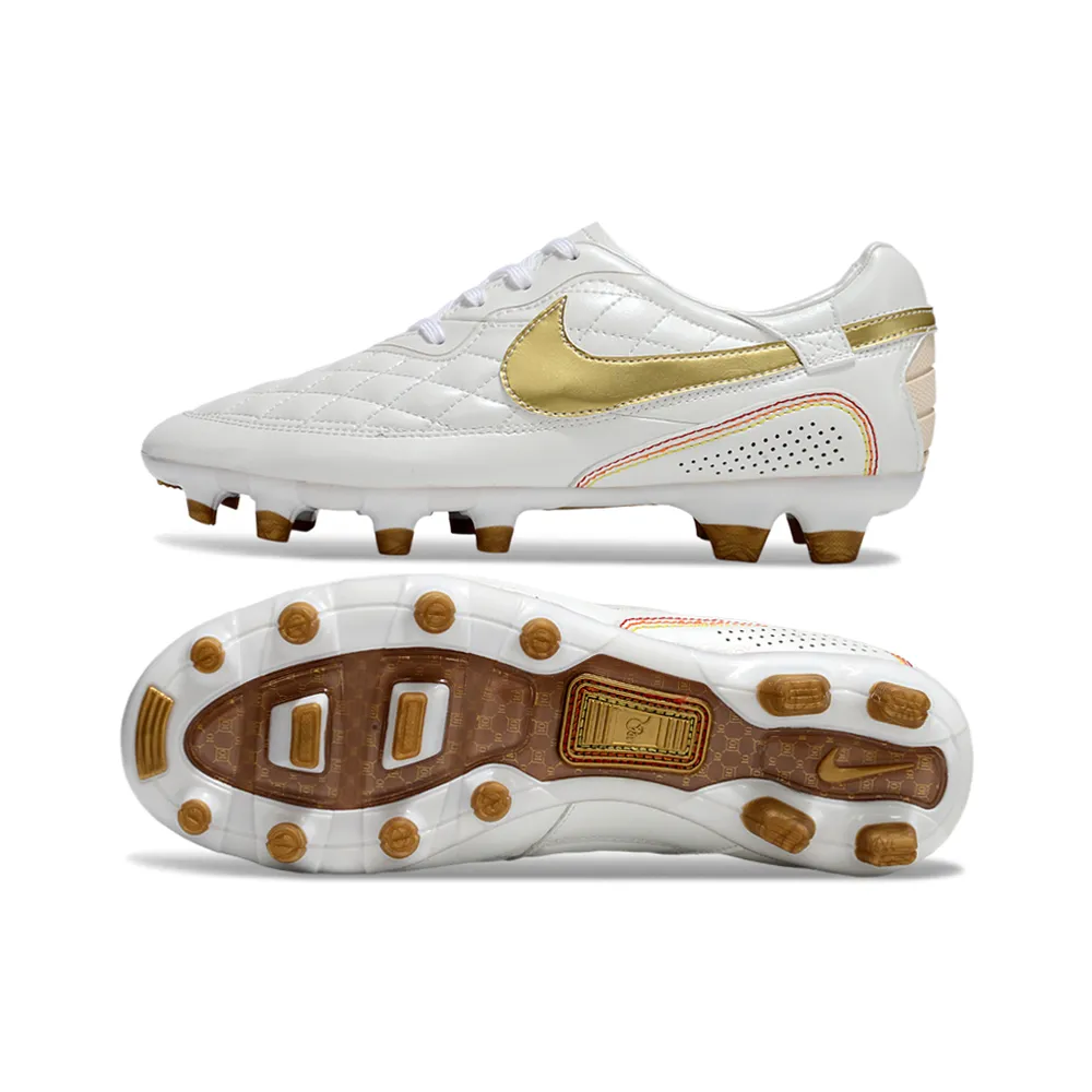 Chuteira Campo Nike Retrô Tiempo Legend R10 Elite Branco e Dourado