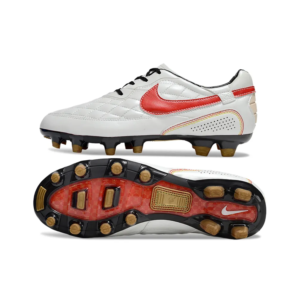 Chuteira Campo Nike Retrô Tiempo Legend R10 Elite Branco e Vermelho