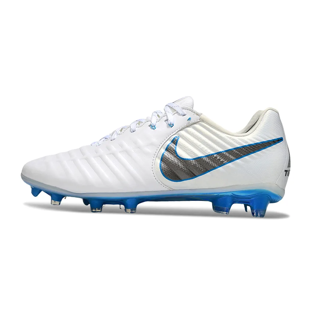 Chuteira Campo Nike Retrô Tiempo Legend 7 Elite FG Branco e Azul
