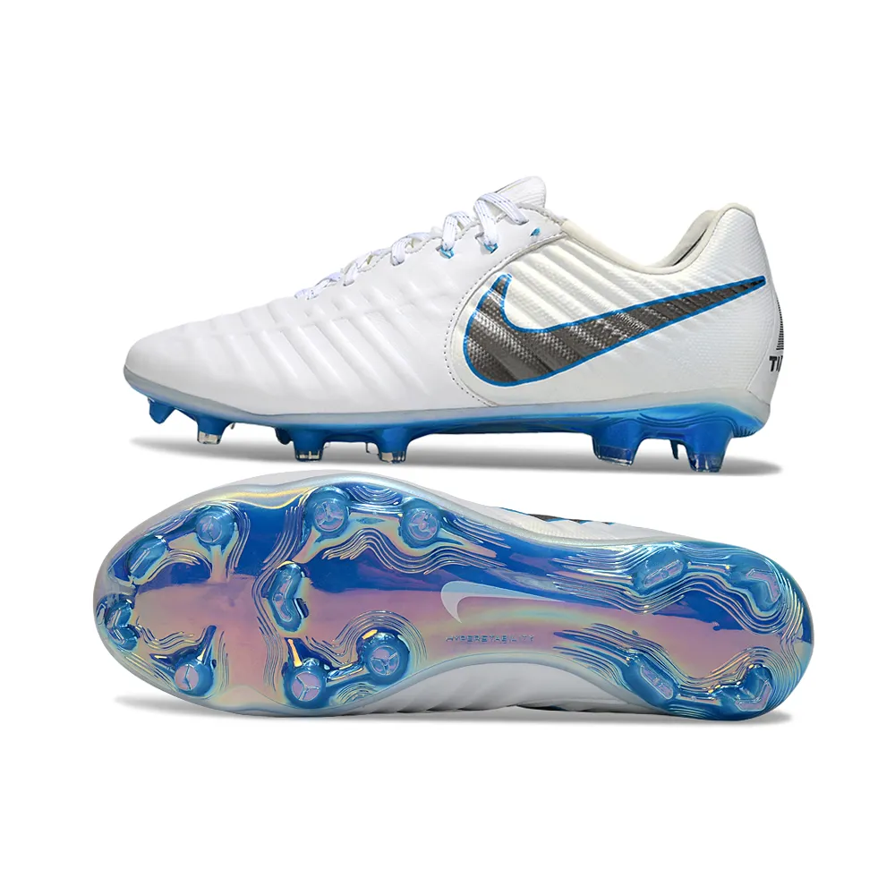 Chuteira Campo Nike Retrô Tiempo Legend 7 Elite FG Branco e Azul