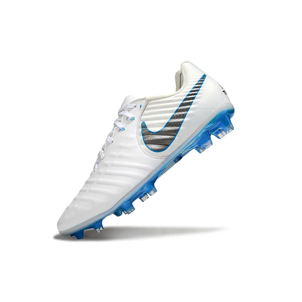 Chuteira Campo Nike Retrô Tiempo Legend 7 Elite FG Branco e Azul