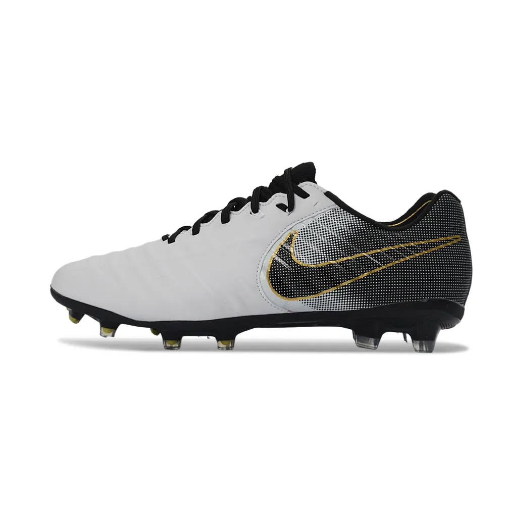 Chuteira Campo Nike Retrô Tiempo Legend 7 Elite FG Branco, Preto e Dourado
