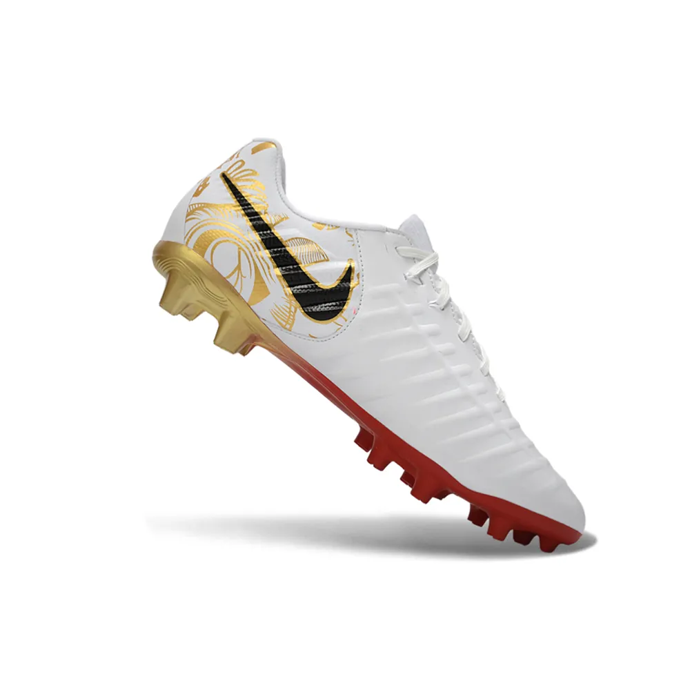 Chuteira Campo Nike Retrô Tiempo Legend 7 Elite FG Branco e Dourado
