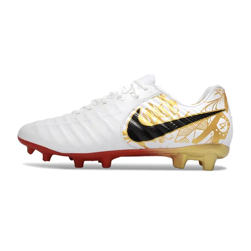 Chuteira Campo Nike Retrô Tiempo Legend 7 Elite FG Branco e Dourado