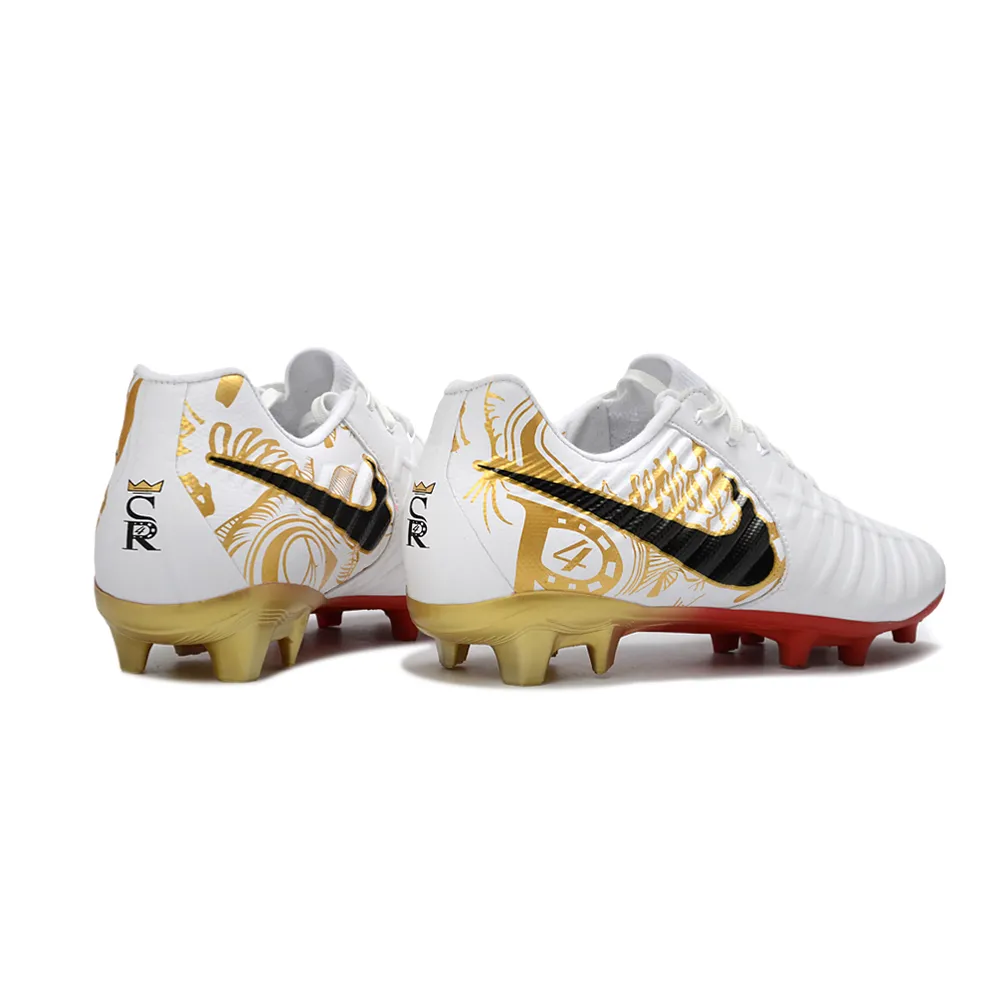 Chuteira Campo Nike Retrô Tiempo Legend 7 Elite FG Branco e Dourado
