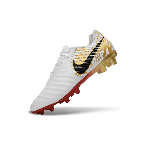 Chuteira Campo Nike Retrô Tiempo Legend 7 Elite FG Branco e Dourado