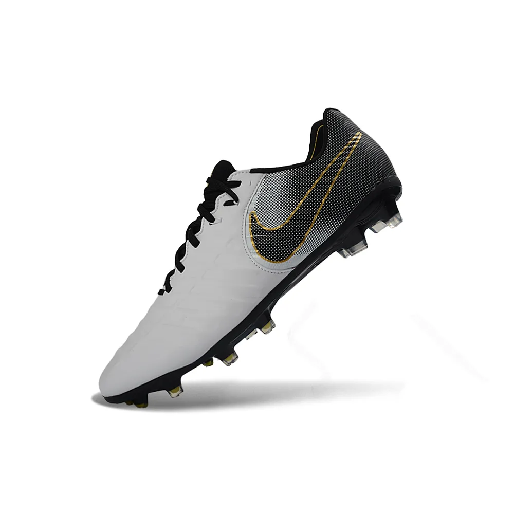 Chuteira Campo Nike Retrô Tiempo Legend 7 Elite FG Branco, Preto e Dourado