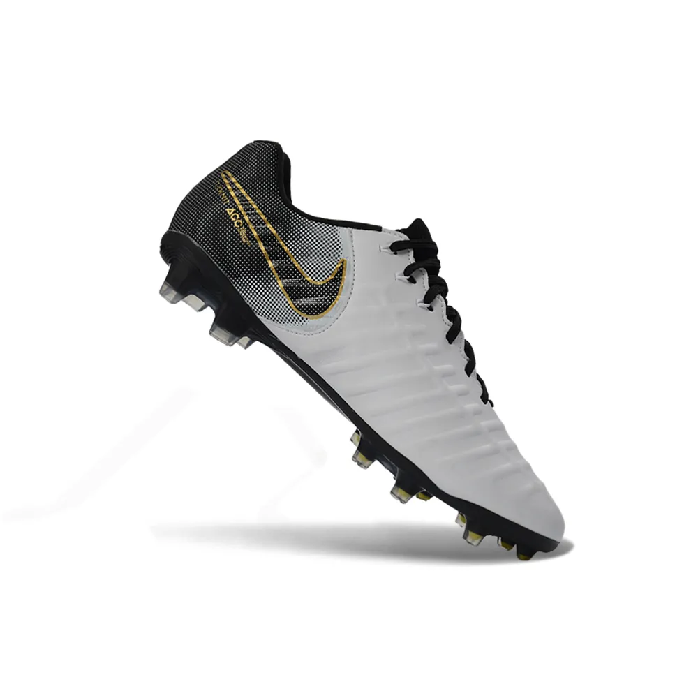 Chuteira Campo Nike Retrô Tiempo Legend 7 Elite FG Branco, Preto e Dourado