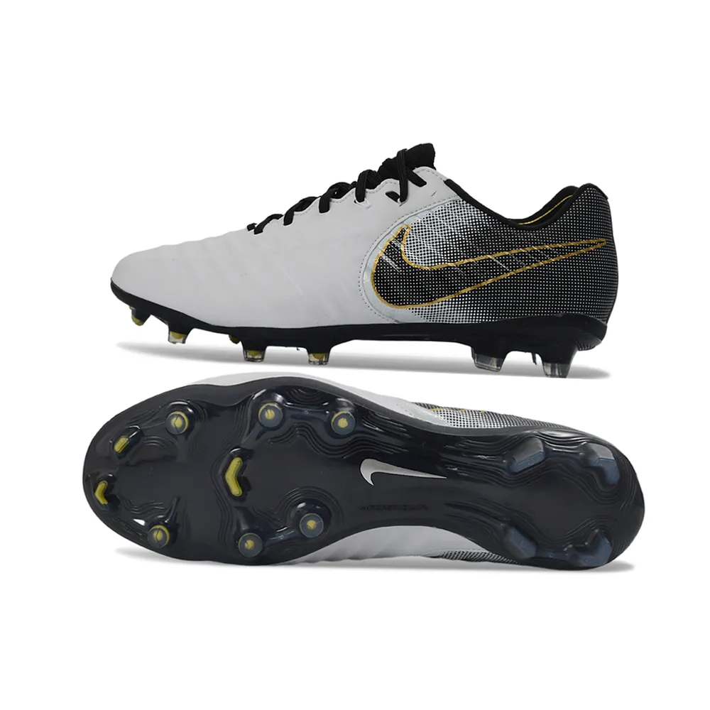 Chuteira Campo Nike Retrô Tiempo Legend 7 Elite FG Branco, Preto e Dourado