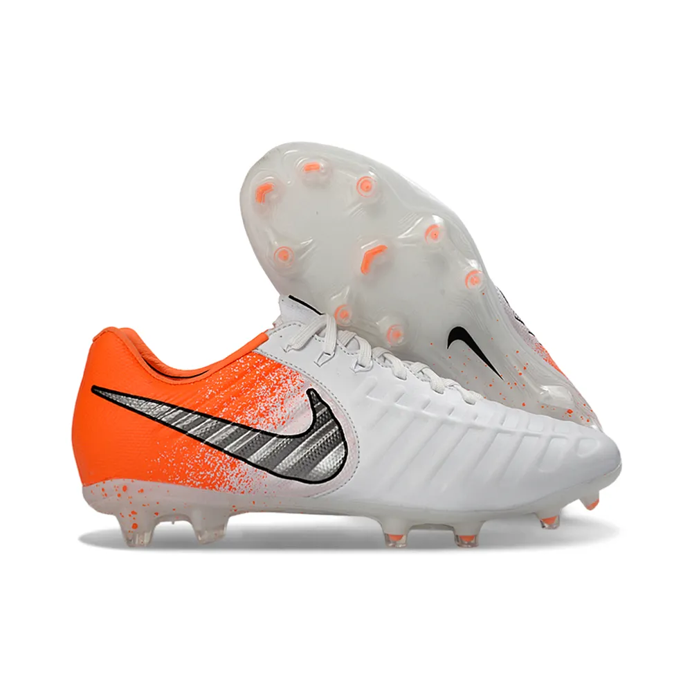 Chuteira Campo Nike Retrô Tiempo Legend 7 Elite FG Branco e Laranja