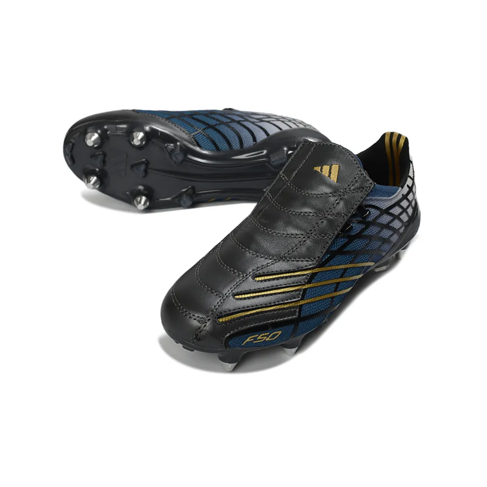 Chuteira Campo Adidas F50 Spider Remake Ponta de Alumínio Preto, Azul e Dourado