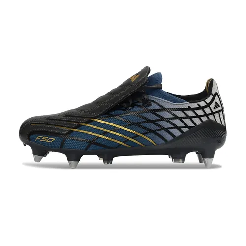 Chuteira Campo Adidas F50 Spider Remake Ponta de Alumínio Preto, Azul e Dourado