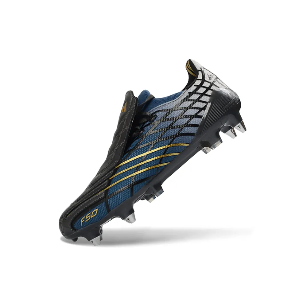 Chuteira Campo Adidas F50 Spider Remake Ponta de Alumínio Preto, Azul e Dourado
