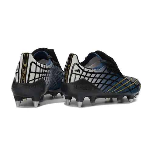 Chuteira Campo Adidas F50 Spider Remake Ponta de Alumínio Preto, Azul e Dourado