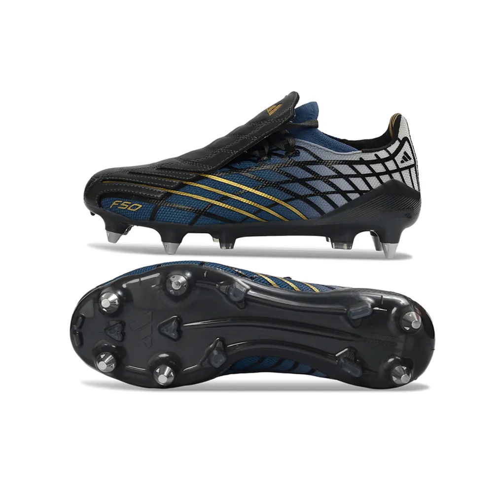 Chuteira Campo Adidas F50 Spider Remake Ponta de Alumínio Preto, Azul e Dourado
