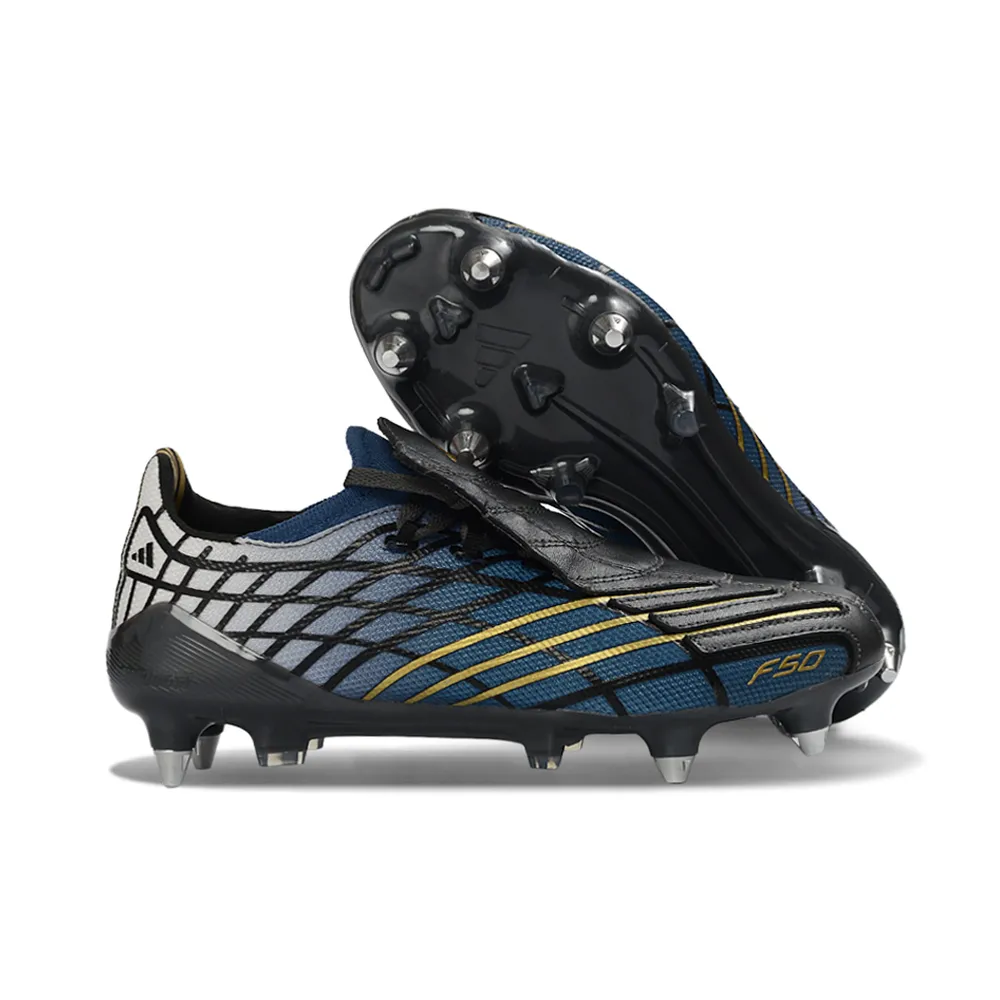 Chuteira Campo Adidas F50 Spider Remake Ponta de Alumínio Preto, Azul e Dourado