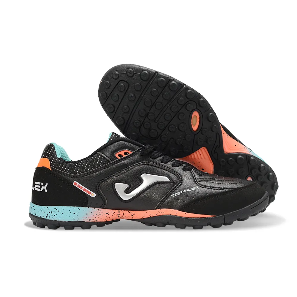 Chuteira Society Joma Top Flex TF Preto, Azul e Laranja