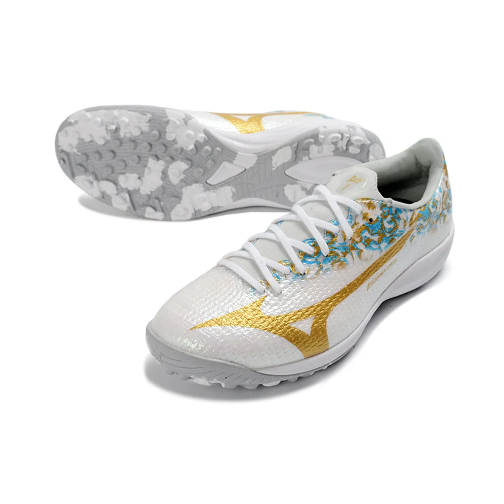Chuteira Society Mizuno Alpha TF Branco e Dourado